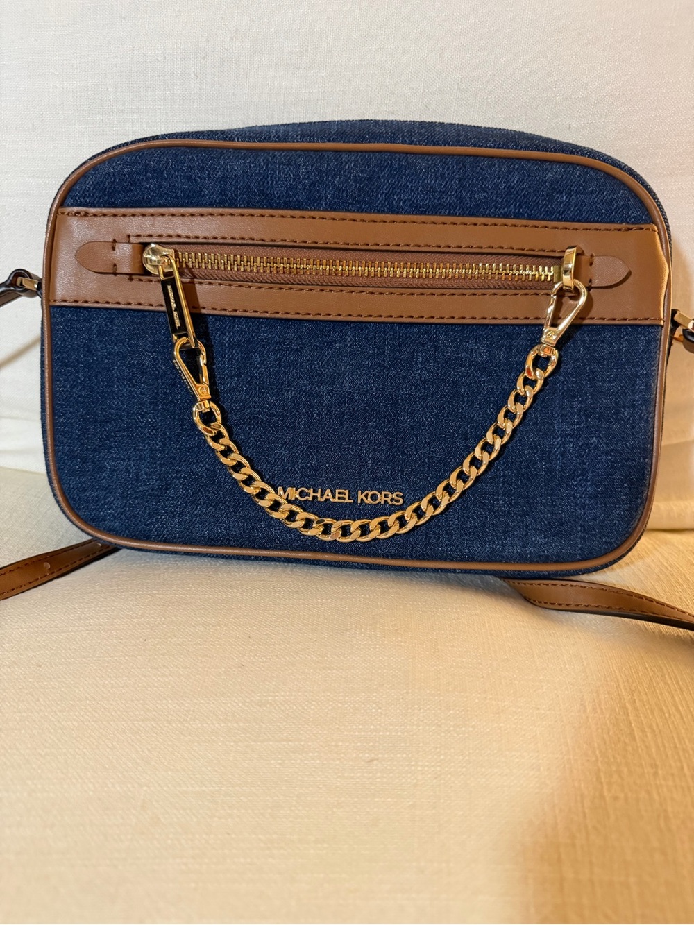 Michael Kors Navy Denim and Brown Leather Trim Crossbody with Gold Chain